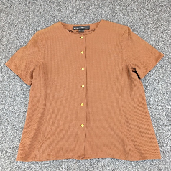 Citi by Yansi Fugel Womens Silk Blouse 8 Brown Waffle Weave Button Front Vintage — photo 2